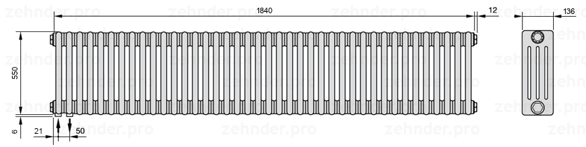 Схема (чертеж) Радиатор Zehnder Charleston 4055/40 №3370 Белый глянцевый RAL 9016